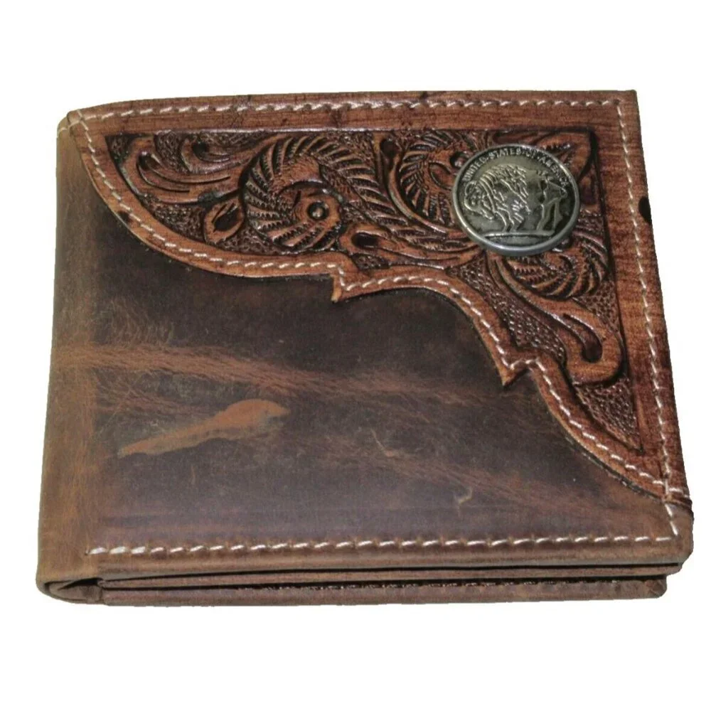 American Bison Men's Buffalo Nickel Concho Bifold Brown Leather Wallet NIB